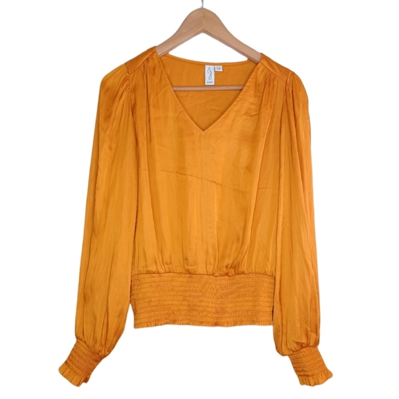 Joie Satin V-Neck Puff Sleeve Mocked Waist Blouse - Picture 3 of 15